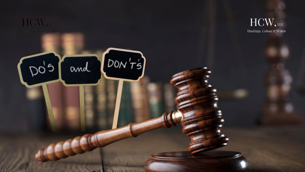 Judge gavel and signs showing dos and don’ts representing how to deal with insurance companies after a car accident