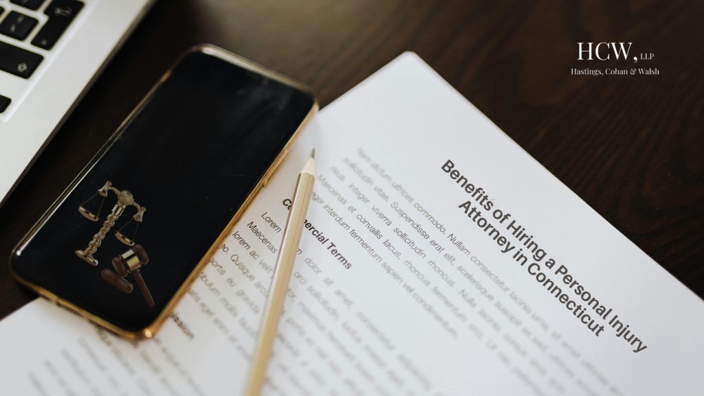 Legal documents and smartphone with scales of justice symbol representing personal injury attorney services